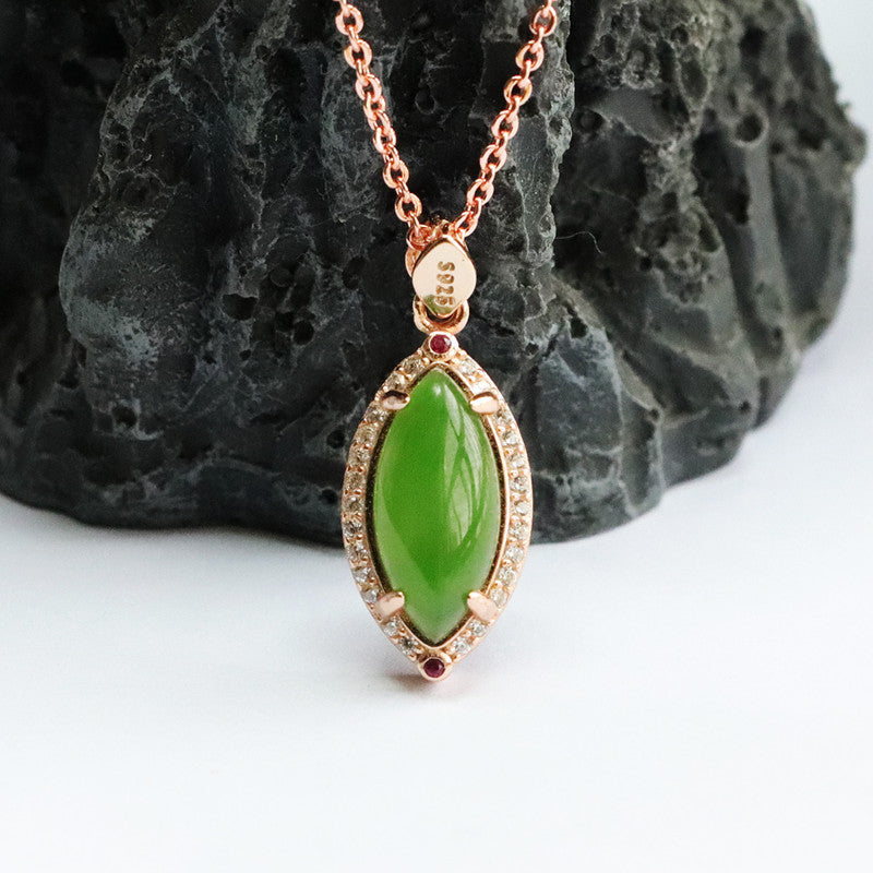 Sterling Silver Hotan Jade Pendant Necklace with Jasper Zircon Halo