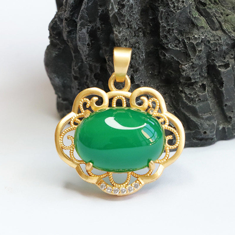 Ethnic Style Jewelry Oval Emperor Green Chalcedony Hollow Ruyi Pendant Necklace