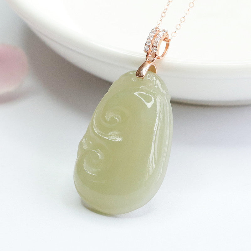 Ruyi Jade Zircon Rose Gold Necklace with Hotan Jade Gemstone