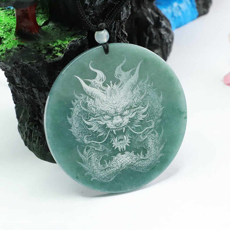 Dominant Dragon Carved Natural Jade Round Pendant in Blue and Green Shadow