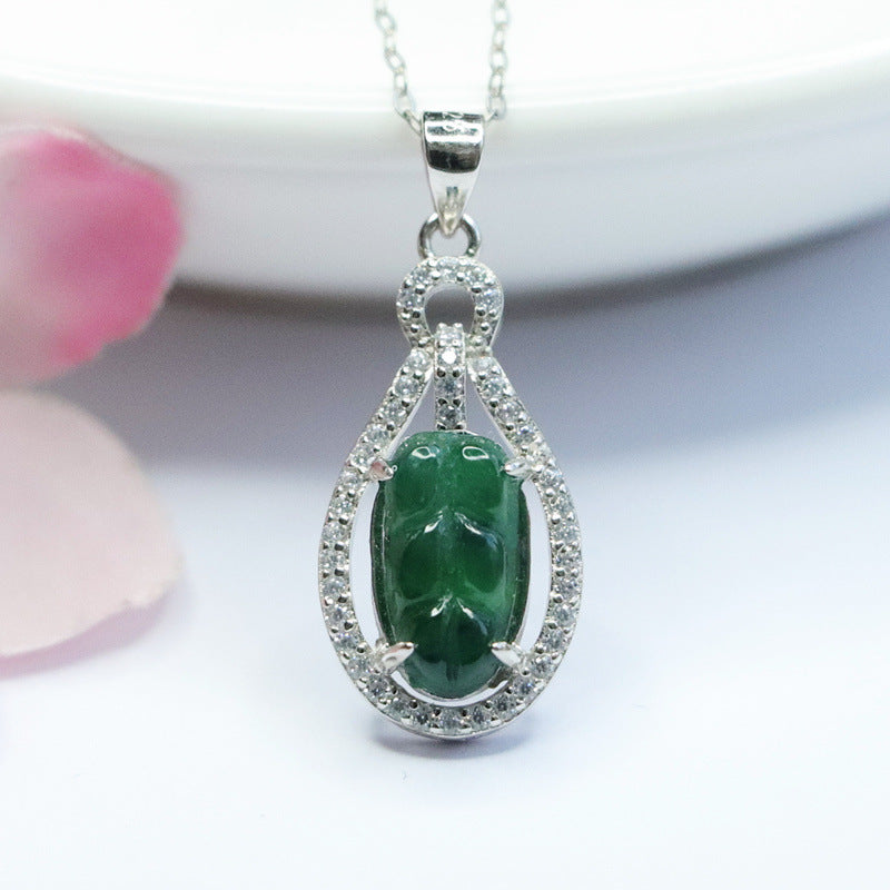 Green Leaf Jade Necklace with Sterling Silver Pendant