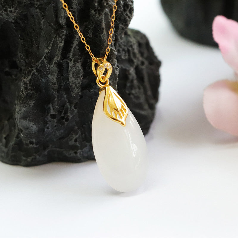 White Hetian Jade Droplet Necklace with Sterling Silver