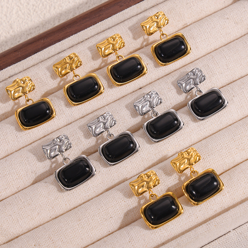 Elegant Black Glass Inlaid Gold-Plated Titanium Steel Earrings