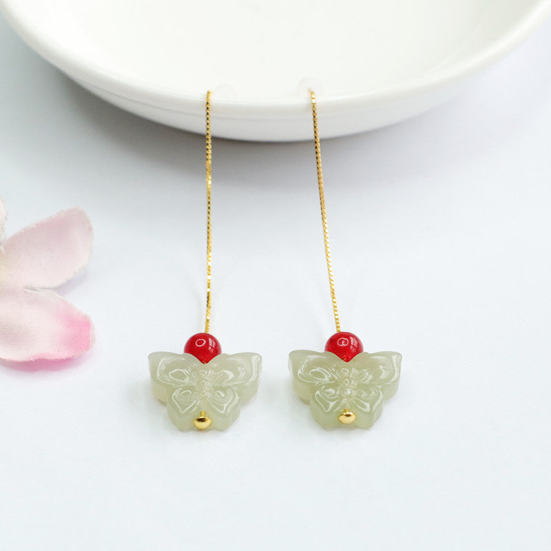 Golden Butterfly Earrings with Sterling Silver and Hetian Jade