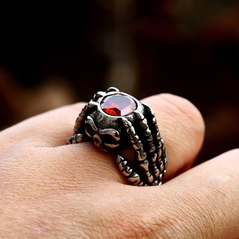 Titanium Steel Punk Skull Ring with Zircon Inlay - Men's Domineering Hand Bone Design