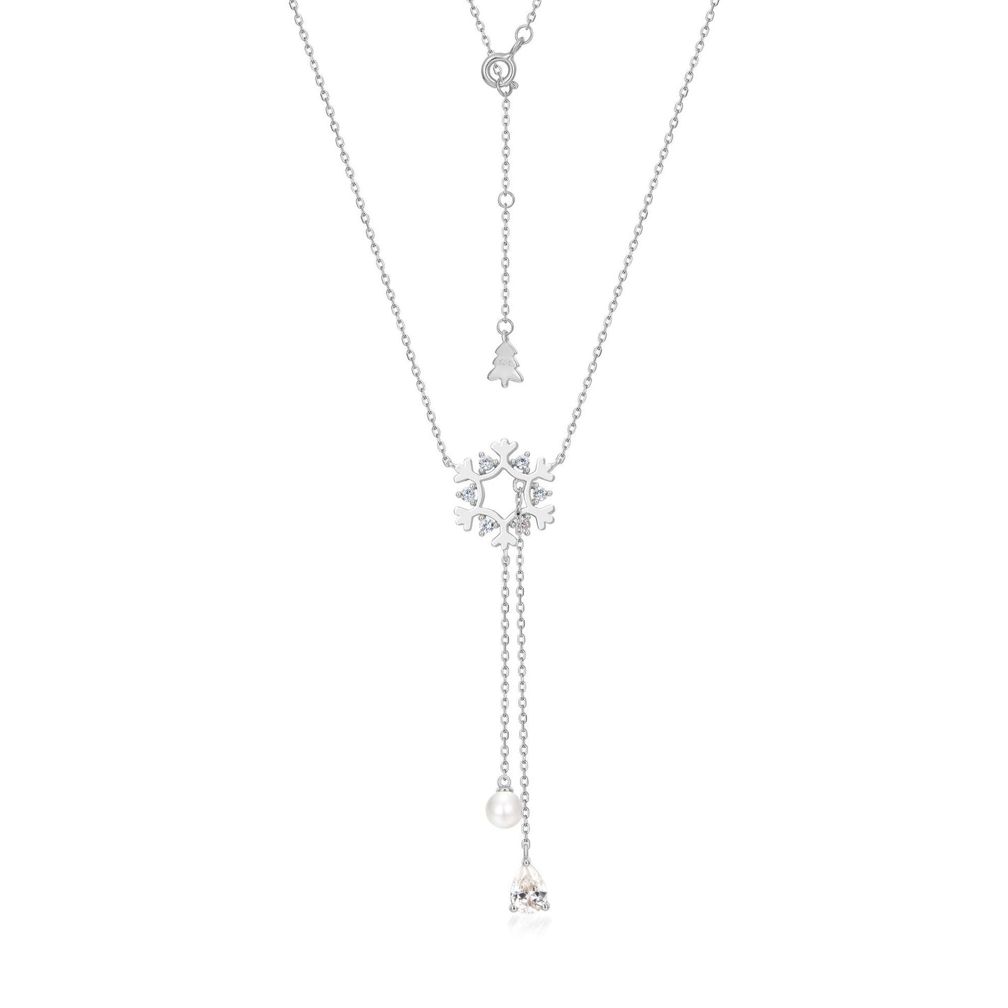 Christmas Zircon Pearl Snowflake Tassel Sterling Silver Necklace