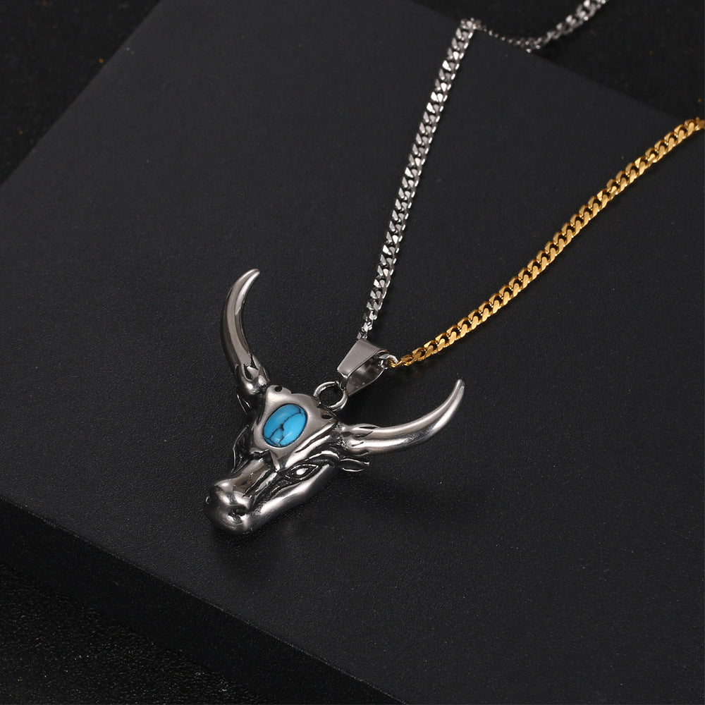 Custom Engraved Titanium Steel Yak Head Necklace for Men with Gemstone Horn Accent