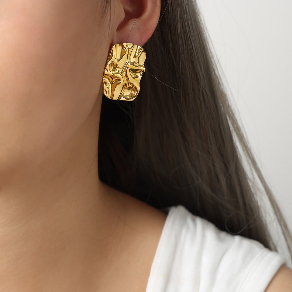 European-American Fusion Titanium Gold-Plated Square Pleated Earrings - Planderful Collection