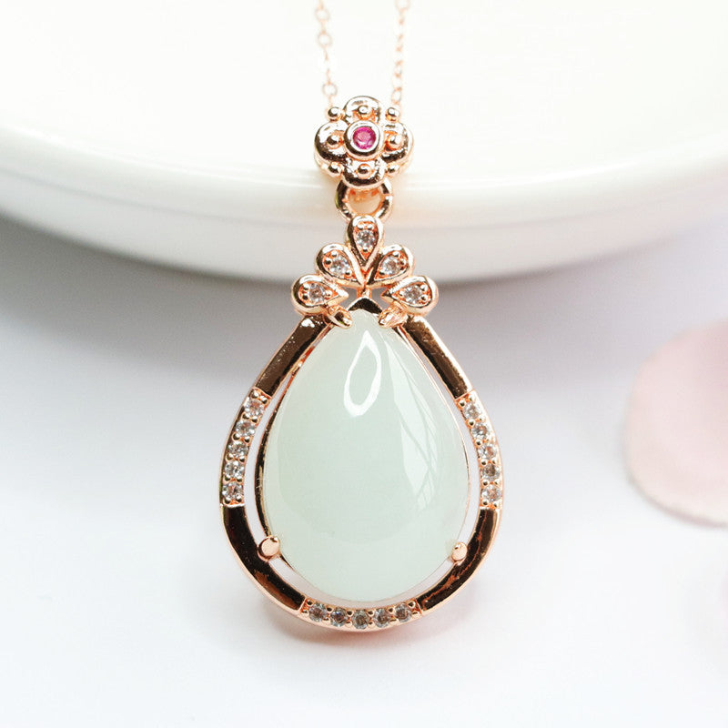 Jade Water Drop Pendant Necklace with Rose Gold Finish