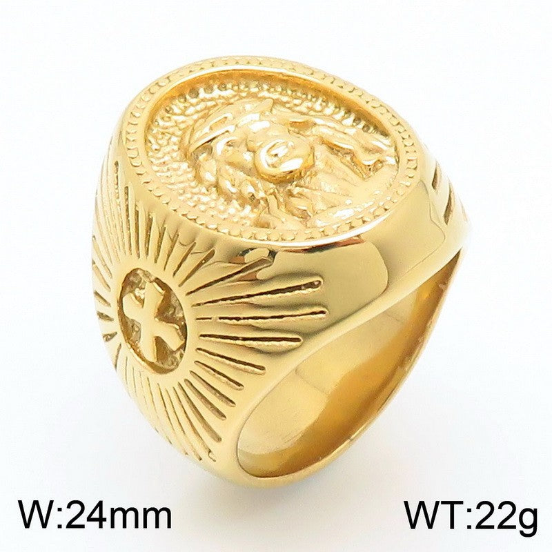 Men's Titanium Steel Hip Hop Personality Cross Portrait Ring - 18k Vacuum Plated Fashion Accessory