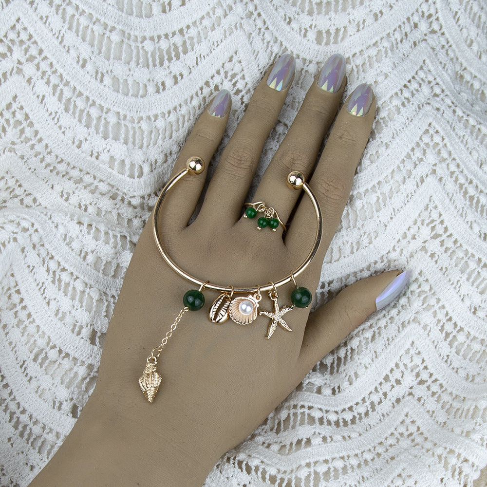 Green Pearl and Conch Shell Alloy Bracelet and Ring Set