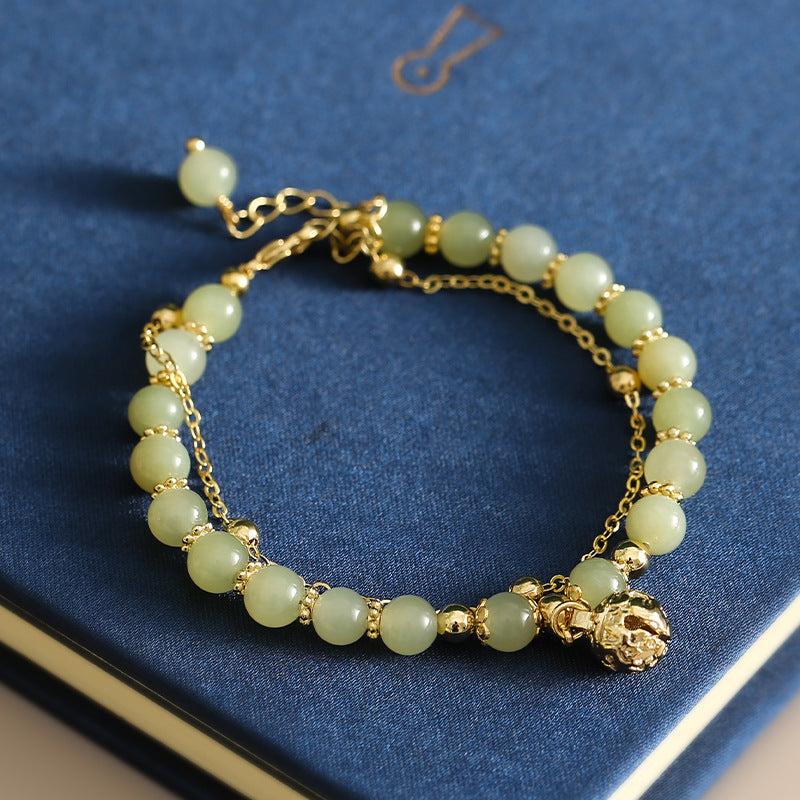 Fortune's Favor Sterling Silver Bracelet with Double-layer Hetian Jade - Niche Design Birthday Gift