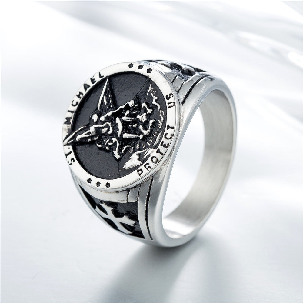 Ancient Greek Angel Wings War God Latin Cross Titanium Steel Ring for Men