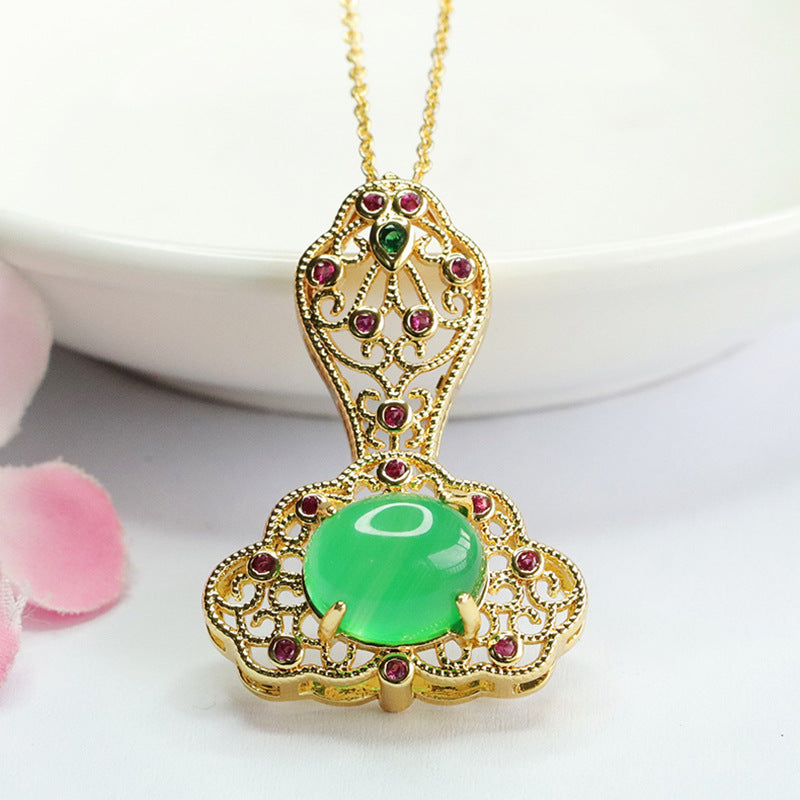 Auspicious Cloud Ruyi Golden Pendant with Ice Green Chalcedony and Red Agate in Ethnic Style