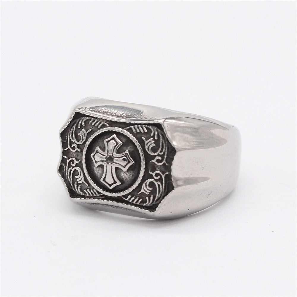 Palace Style Carved Cross Titanium Steel Ring for Men