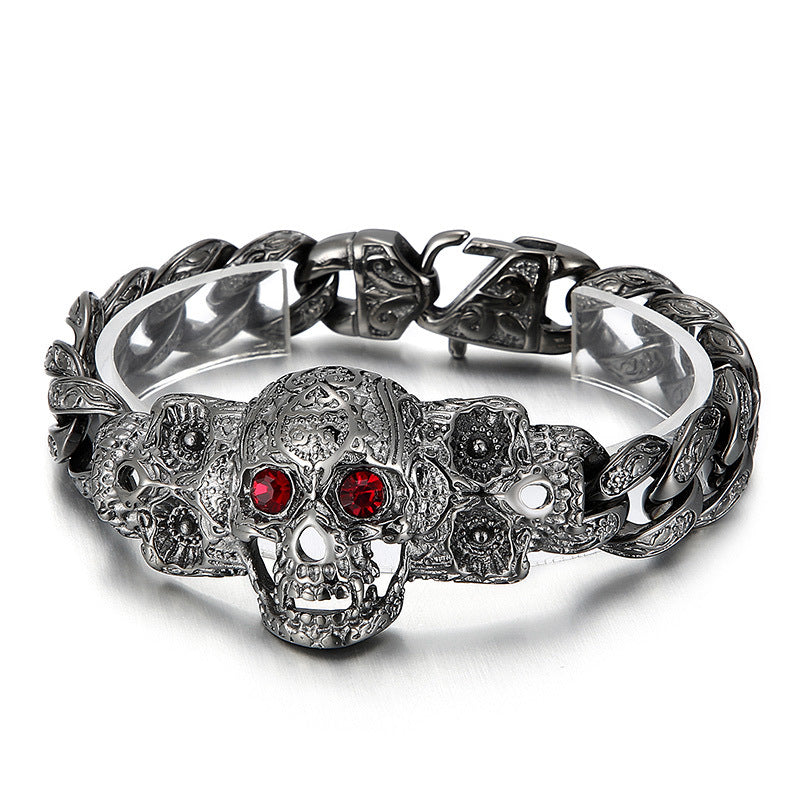 European and American Punk Style Stainless Steel Skull Bracelet with Retro Red-Eye Design for Men