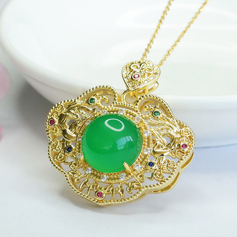 Natural Round Green Chalcedony Hollow Zircon Ruyi Pendant