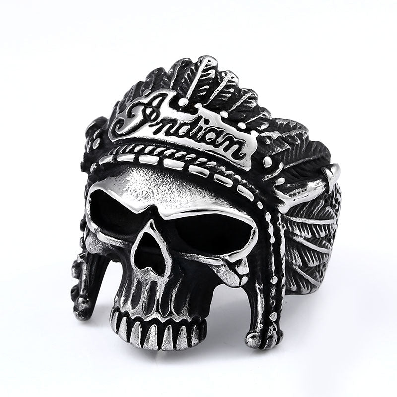 Custom Retro Stainless Steel Men’s Ring with Indian Skull Design – Wholesale Titanium Steel Jewelry