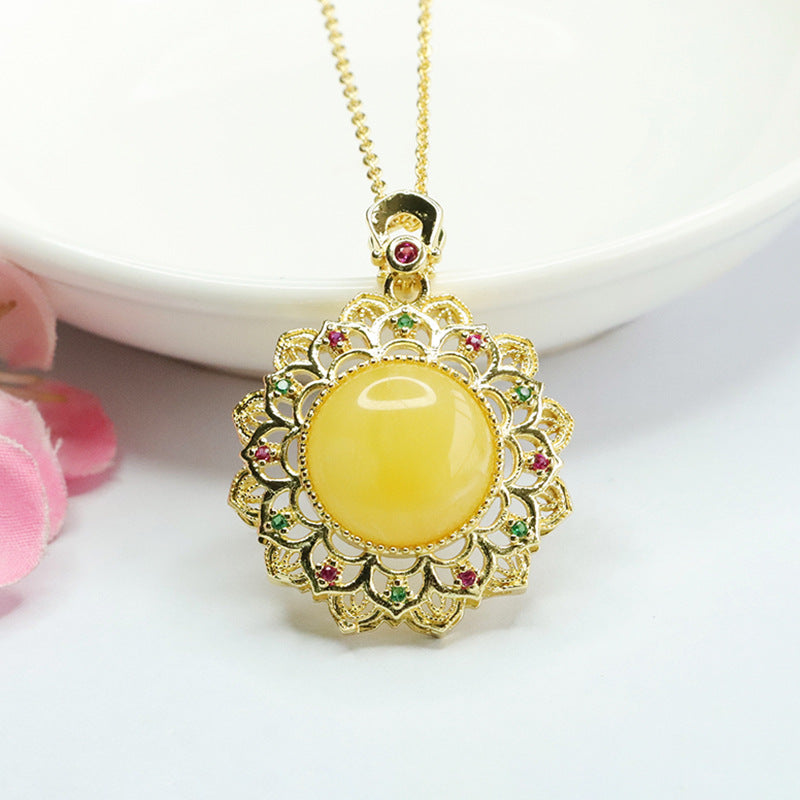 Sunflower Amber Pendant Necklace with Beeswax Hollow Sunburst Gold Charm