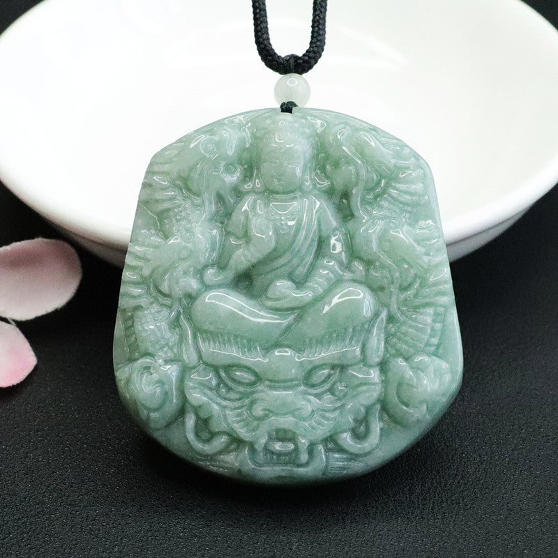 Green Jade Guanyin Dragon Sterling Silver Pendant.