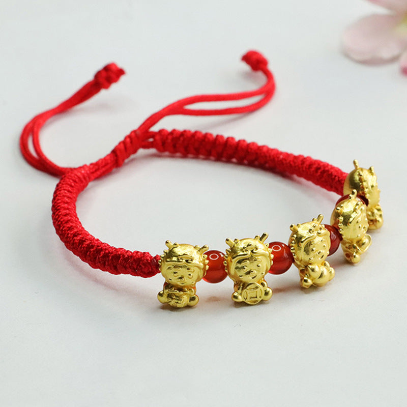 Five Fortune Agate Bracelet with Golden Dragon