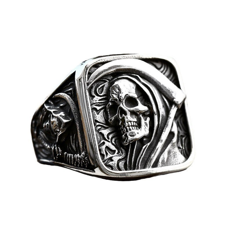 Titanium Steel Punk Hip-Hop Men's Ring with Grim Reaper Skull Design