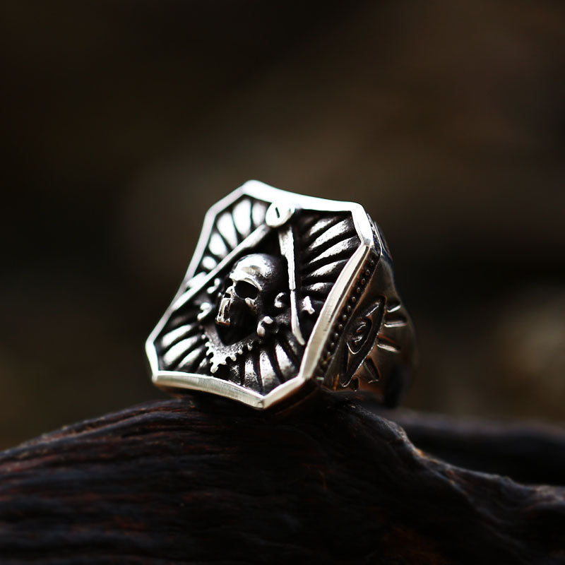 Punk-Inspired Retro Masonic Skull Titanium Steel Ring for Men