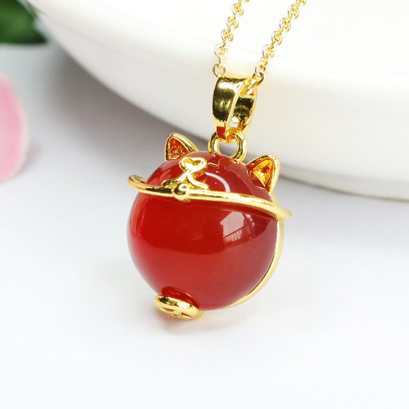 Round Bead Red Agate Wealth Cat Pendant Necklace Jewelry