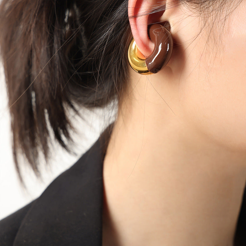 Elegant Titanium Steel Gold-Plated Enamel Round Earrings for Women