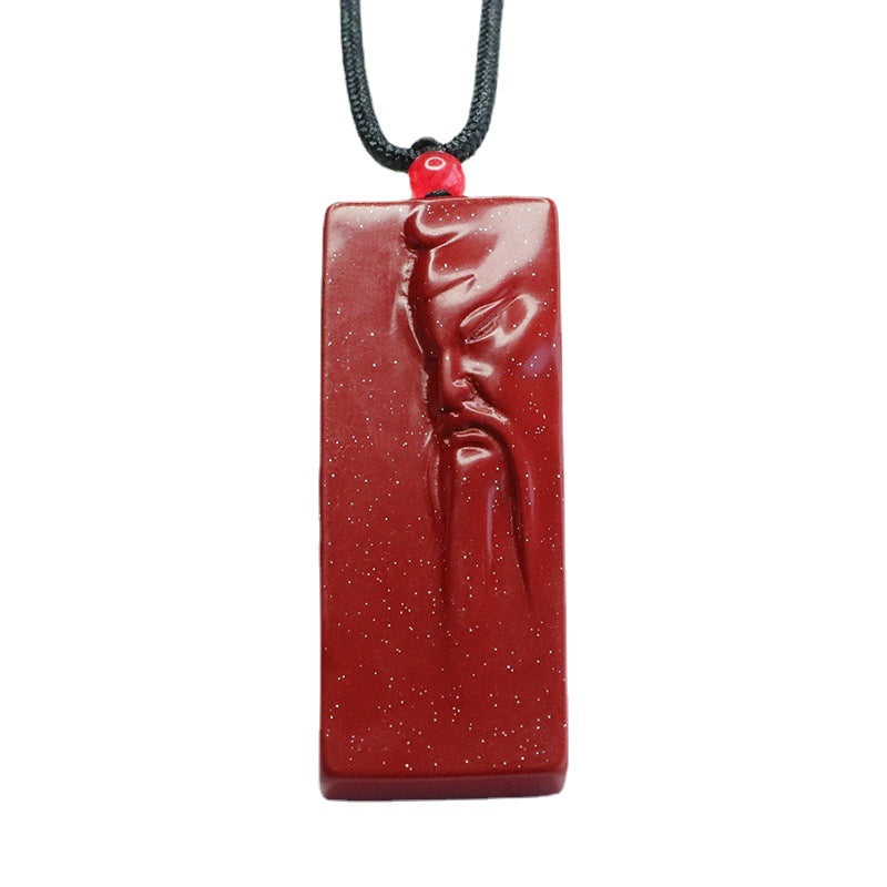 Purple Gold Sand Cinnabar Guanyu Rectangle Pendant with Sterling Silver