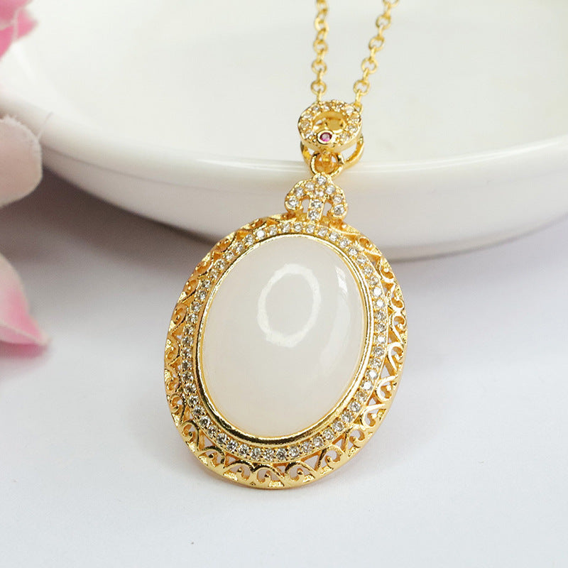 Hetian White Jade Zircon Necklace with Sterling Silver Fortune's Favor Pendant