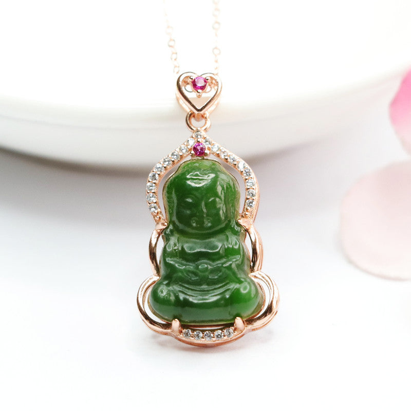 Sterling Silver Baby Buddha Necklace with Natural Hotan Jade Jasper