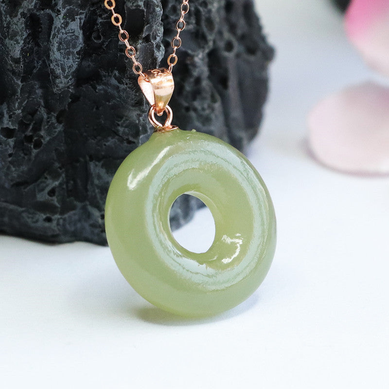 Natural Hetian Jade Lake Green Jade Sterling Silver Necklace with Hollow Circle