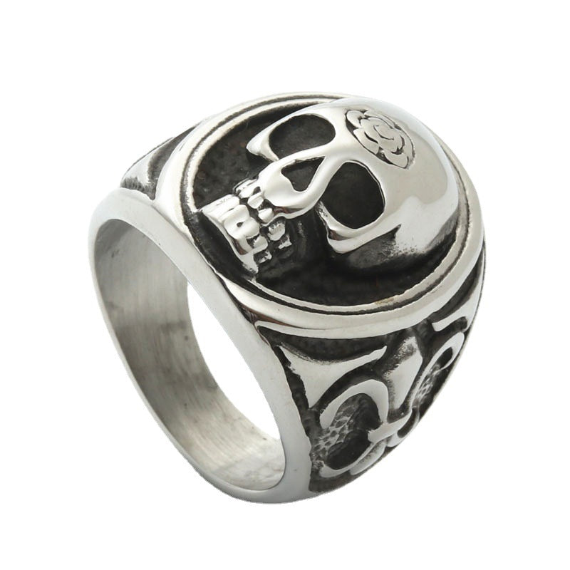 Titanium Steel Skull Flower Ring for Men - Retro Punk Style in Stainless Steel