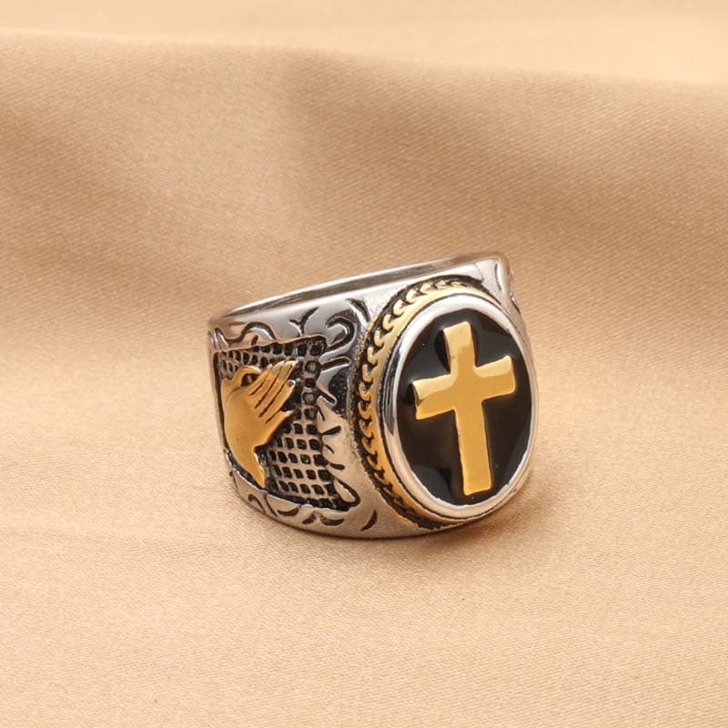 Trendy Retro Titanium Steel Cross Ring for Men - Stylish Black Epoxy Accessory