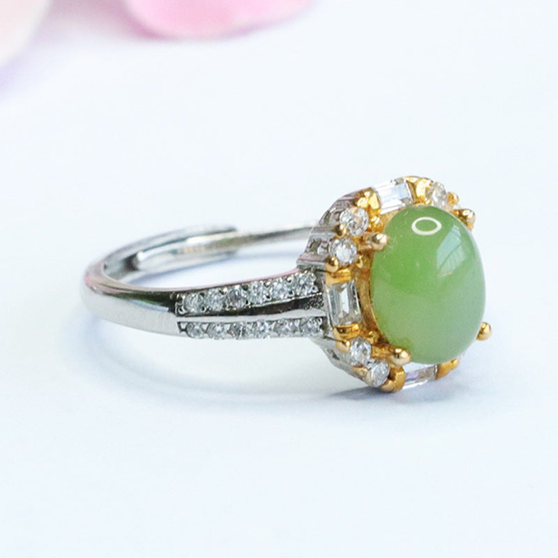 Sparkling Zircon Hotan Jade Jasper Egg Silver Ring