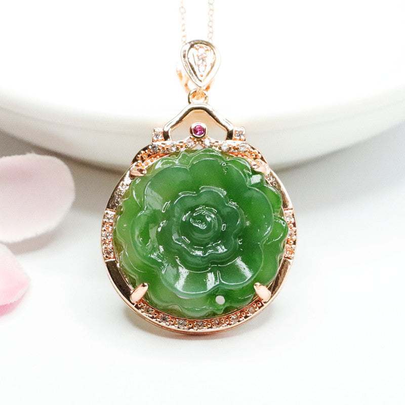 Jade Peony Flower Sterling Silver Necklace with Zircon