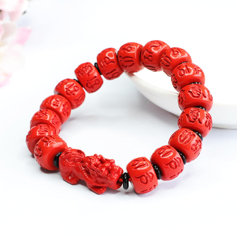 Red Sand Pixiu Cinnabar Bracelet with Six-character Proverb