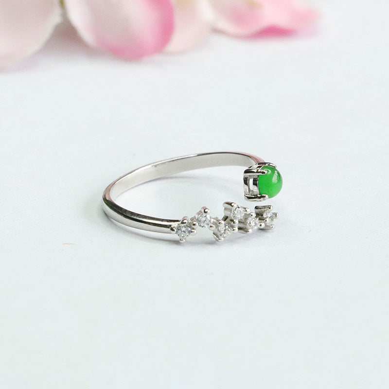 Sterling Silver Adjustable Ice Emperor Green Jade Ring with Zircon Stars