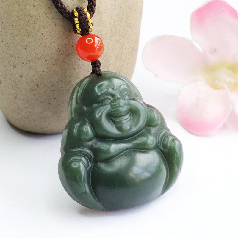 Buddha Pendant Necklace with Green Jade and Sterling Silver