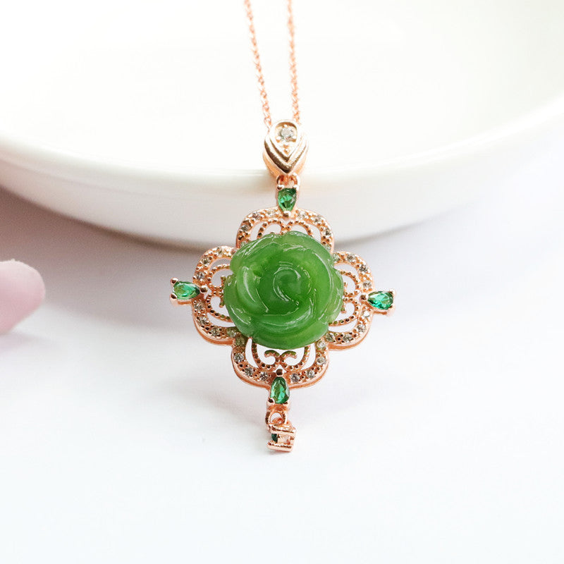 Hetian Jade Jasper Rose Hollow Pendant Necklace crafted in Sterling Silver