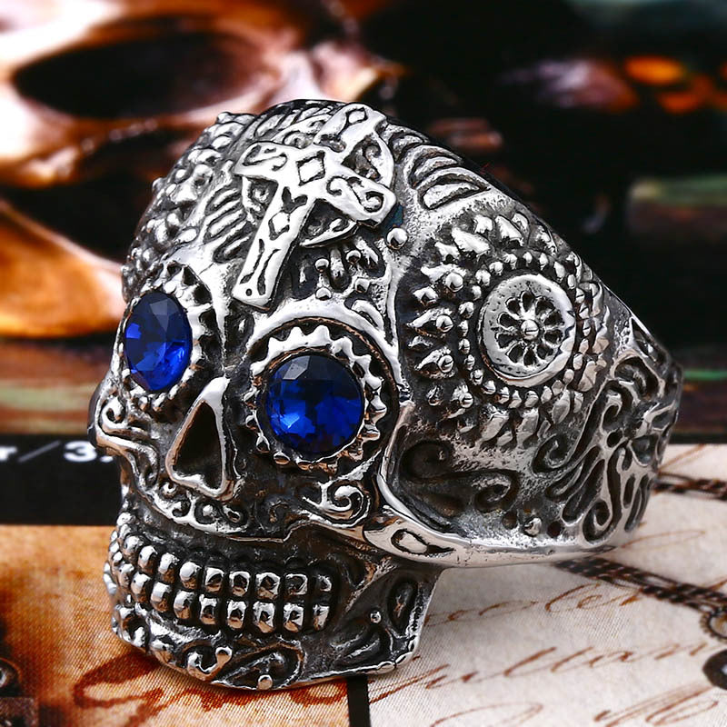 Vintage-Inspired Titanium Steel Skull Ring for Men with Zircon Cross Accent