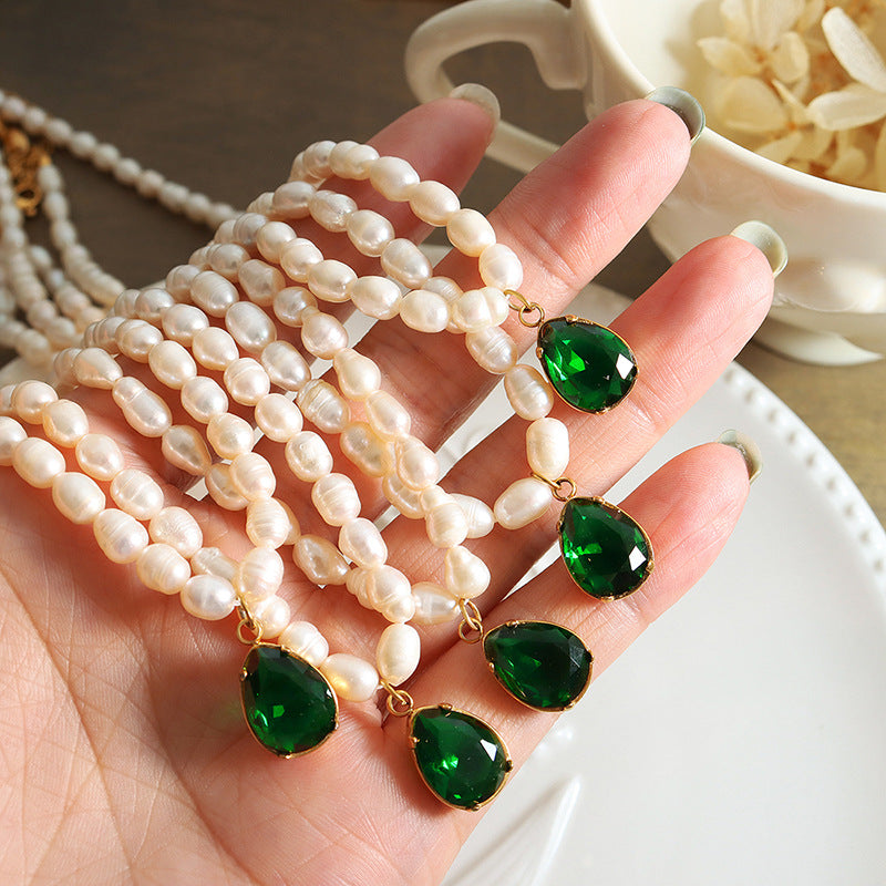 Emerald Zircon Water Drop Necklace with Freshwater Pearl Chain