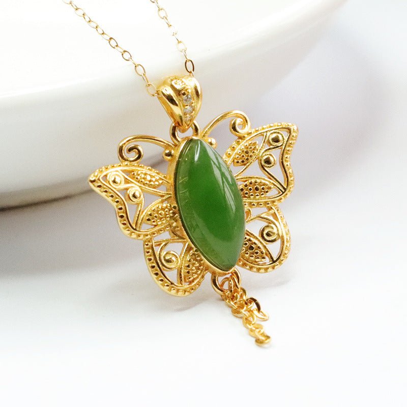 S925 Silver Natural Hetian Jade Pendant Horse Eye Jasper Hollow Butterfly Necklace