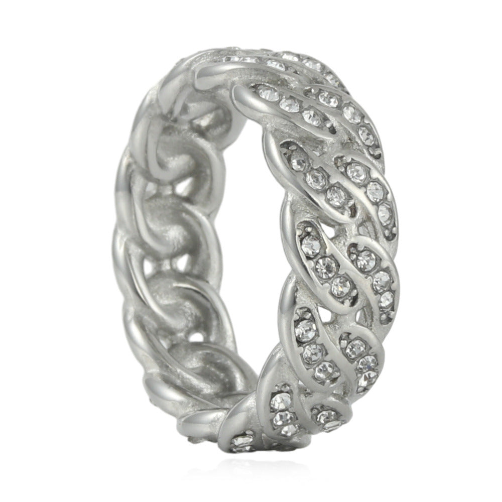 Trendy Titanium Steel Woven Chain Ring for Men and Women - Punk Retro Multi-Zircon Design