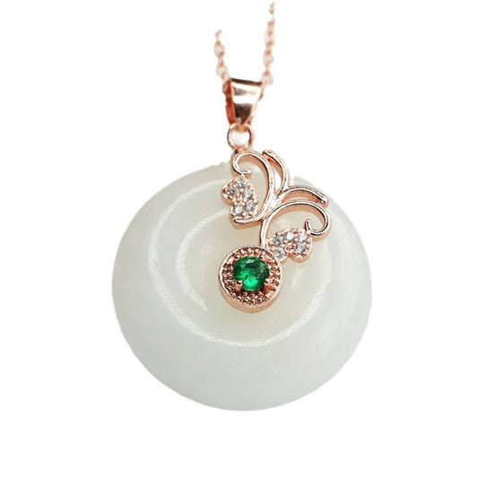 Elegant Grace and Fortune Hetian Jade Pendant Necklace with Zircon Butterfly Detail on Rose Gold Setting