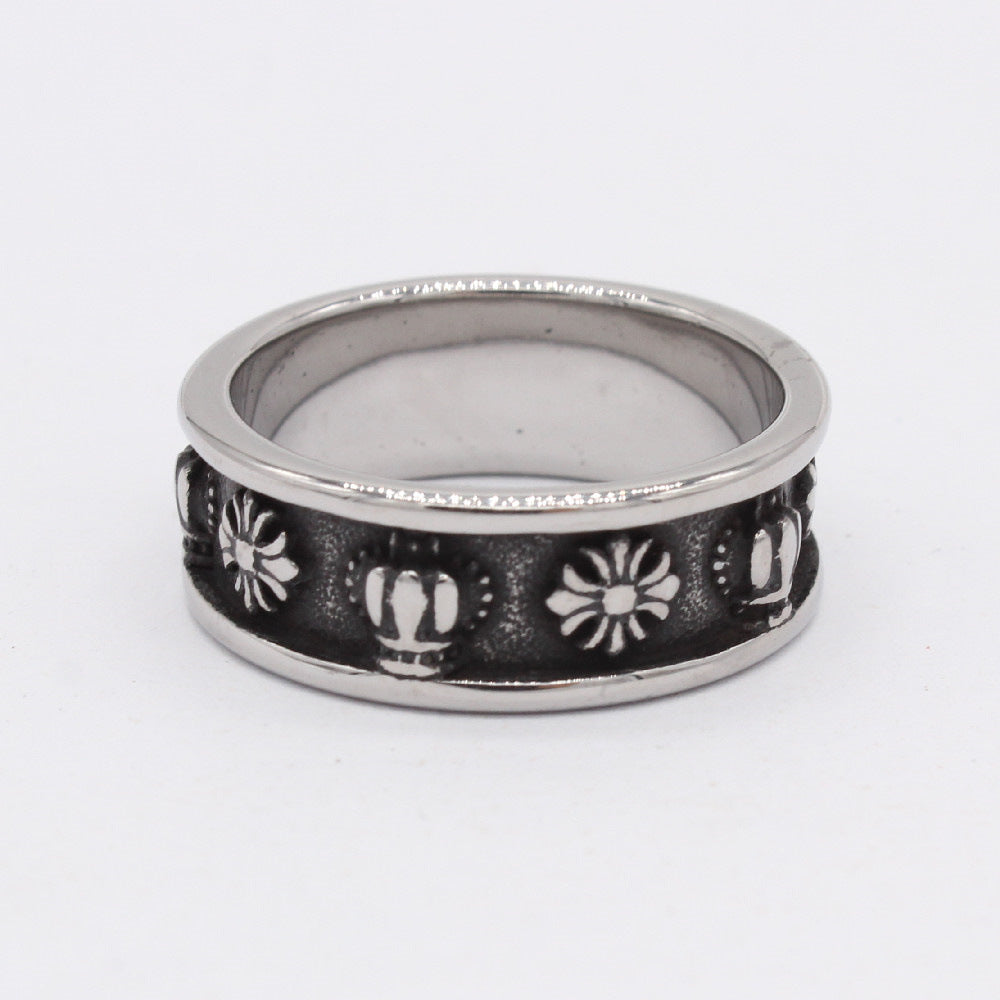 Cross Flower and Crown Grooved Titanium Ring in For Men