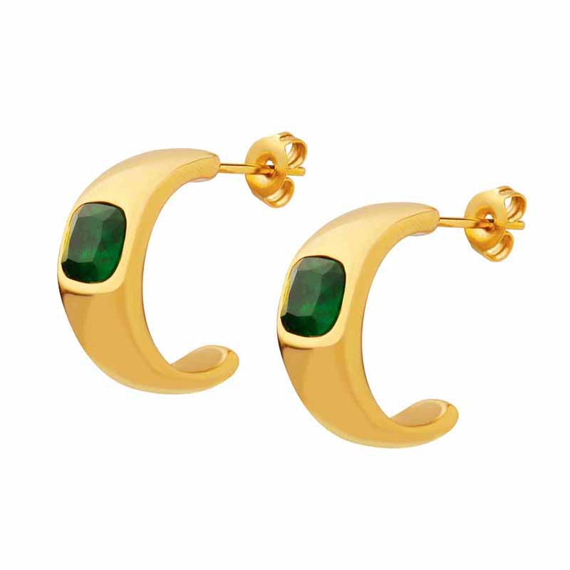 Green Zircon C-Shaped Earrings in Titanium Steel with 18K Gold Plating - European & American Style Statement Jewelry