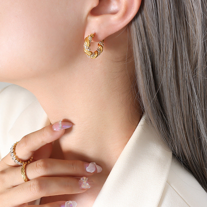 Luxurious U-Shaped Gold-Plated Zircon Twist Earrings with Titanium Steel - Elegant Ear Accessory