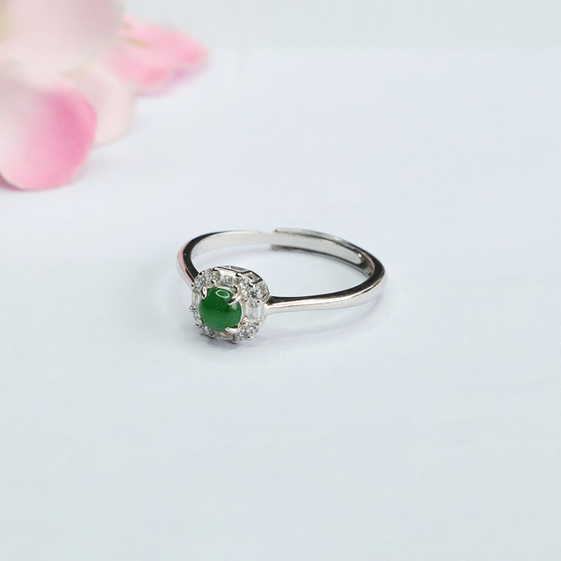 Sterling Silver Adjustable Ice Emperor Green Jade Zircon Ring